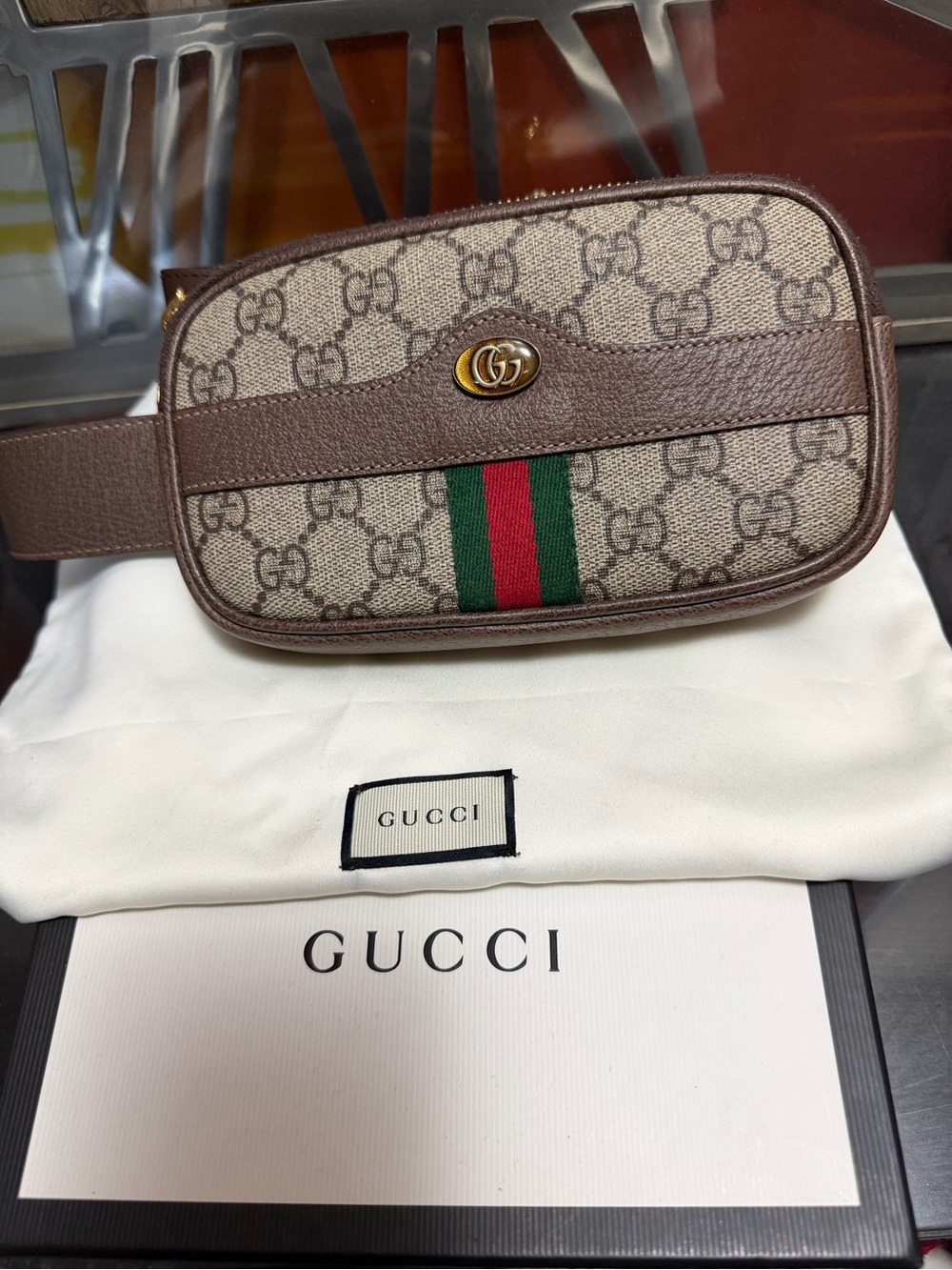 Gucci Brown GG Canvas Belt Bag with Green-Red Web